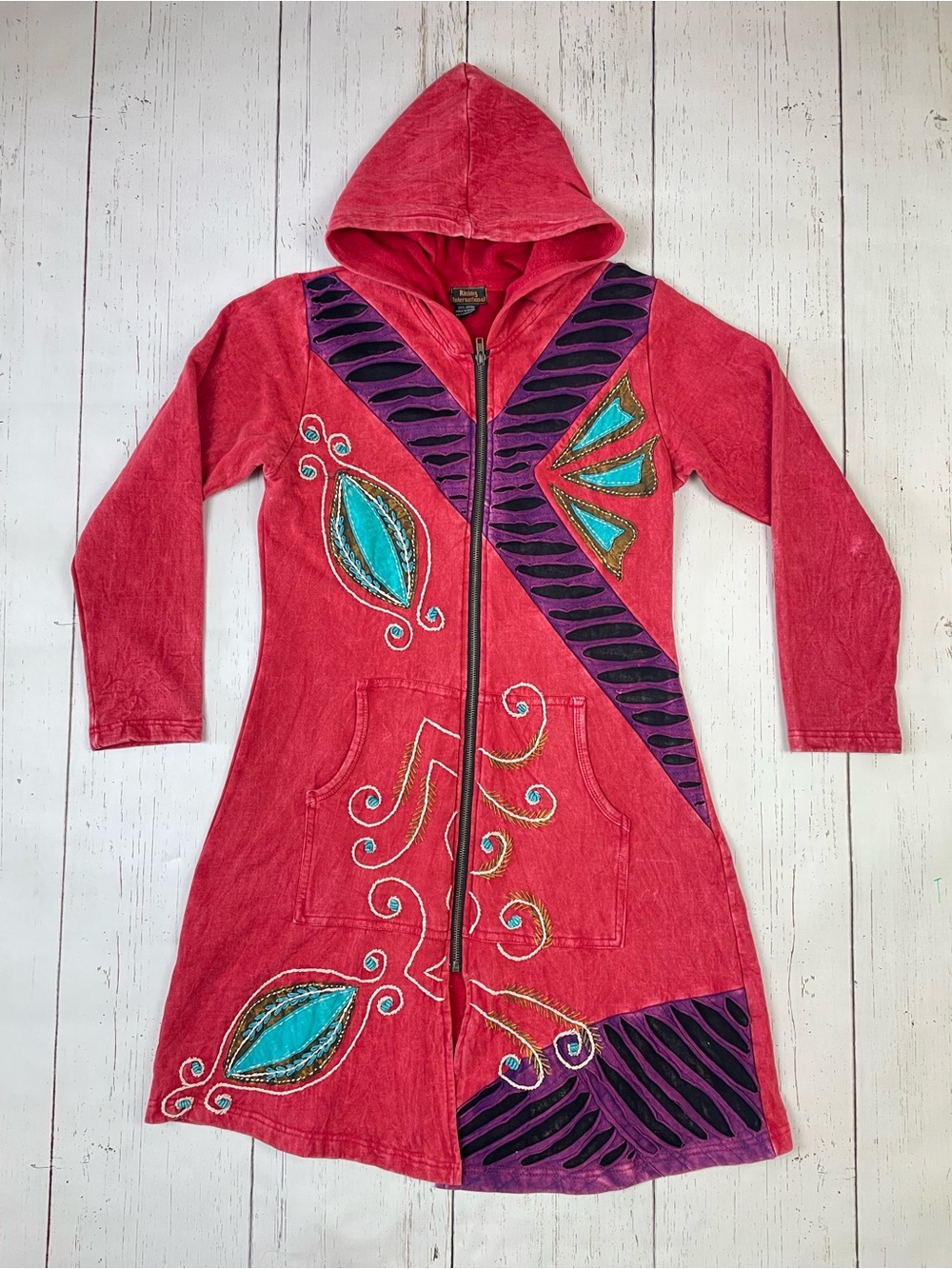 Rising International Patchwork Embroidered Long Zip Up Hoodie *Made in Nepal